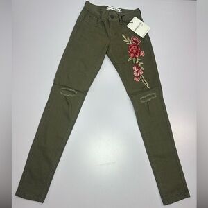 Olive Green Embroidered Floral Skinny Jeans NWT Monkey rode jeans size 1